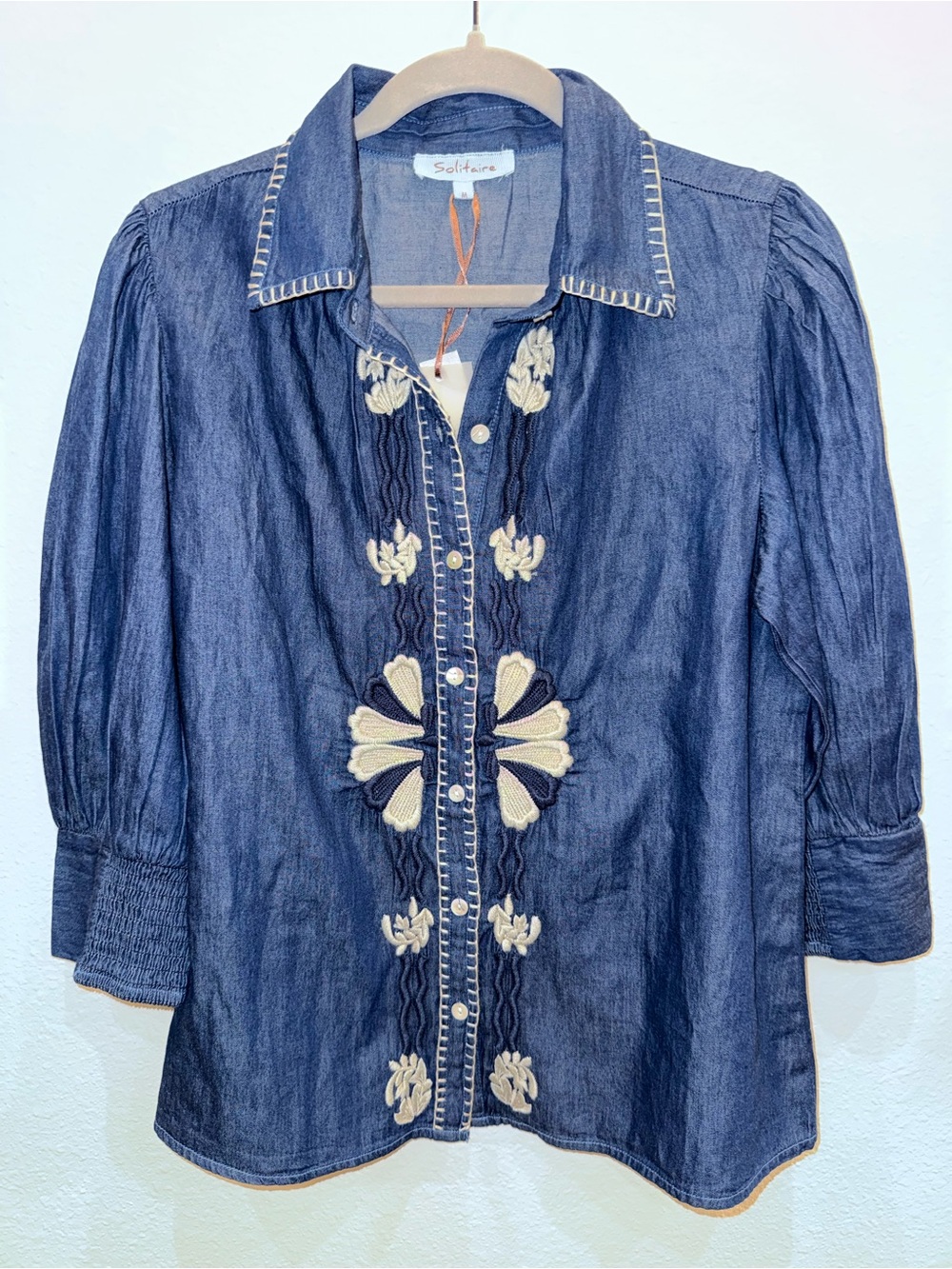 Solitaire Dark Blue Denim Button-Front Shirt with Cream Embroidery